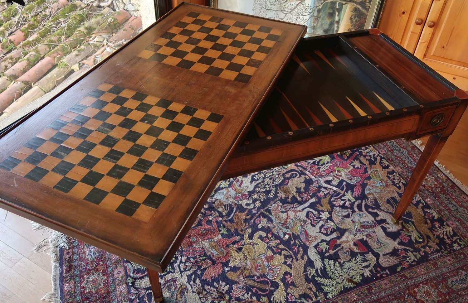 A RARE PARQUETRY INLAID TRIC/TRAC TABLE