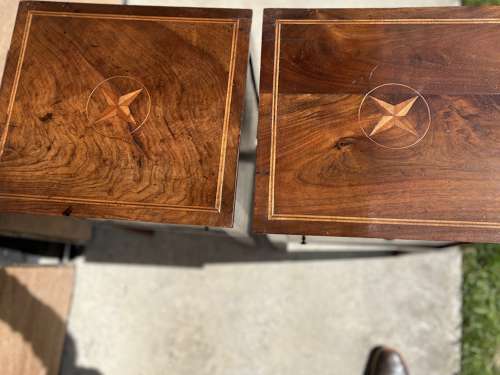 A SMALL PAIR OF INLAID WALNUT COMMODINI ITALY C1800