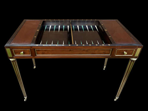 A FINE BRASS MOUNTED LOUIS XVI PERIOD MAHOGANY TRIC/TRAC TABLE