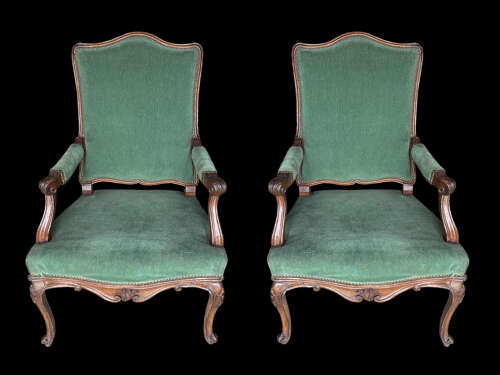 A PAIR OF LOUIS XV  PERIOD WALNUT ARMCHAIRS